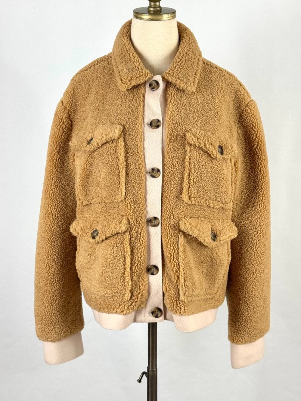 Amuse Society Brown Teddy Bomber Jacket Faux Sherpa Satin Lined Utility Pockets